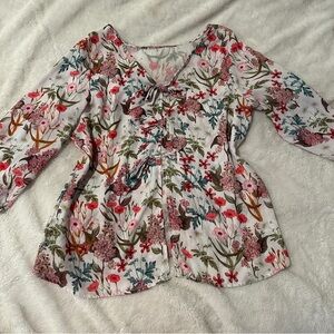 New York & Company Floral Blouse with Pink and Green Accents